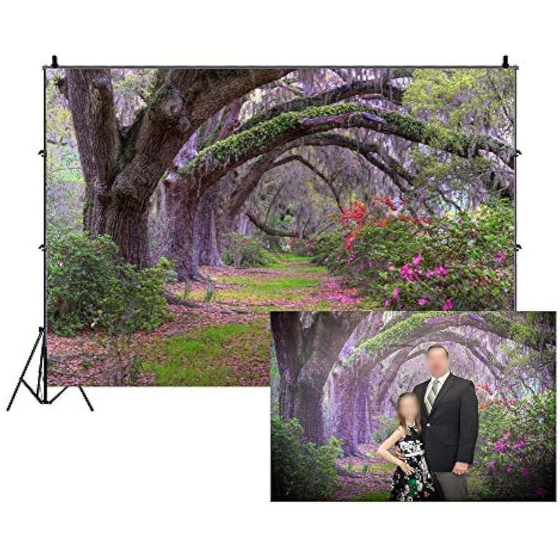 LFEEY 10x8ft Garden Park Scenery Backdrop for Photography Old Tree Lined Path Purple Flowers Beautiful Forest Jungle Backdrop for Party Kids Baby Wedding Portrait Outdoor Party Photoshoot Studio Props - Image 1